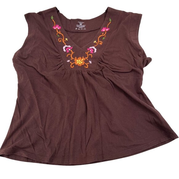 Jones Wear Jeans Brown Embroidered Floral Cotton Sleeveless Top XL Y2K - Picture 1 of 5